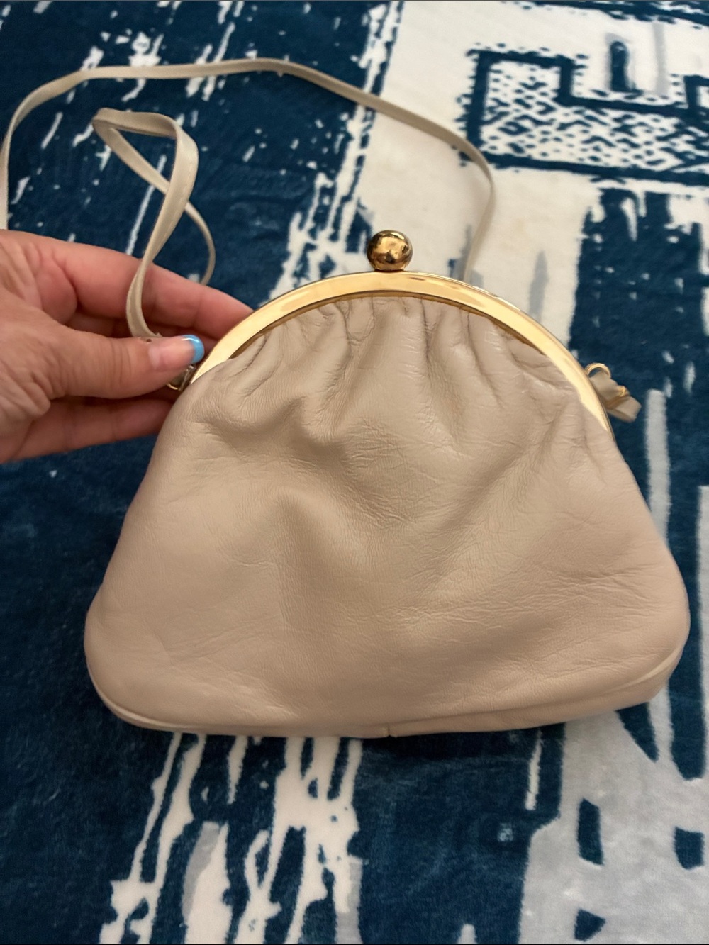 Beige Leather Kiss-Lock Wristlet with Gold Frame